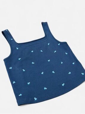Old Navy Navy Ribbed Tank Top with Light Blue Embroidery